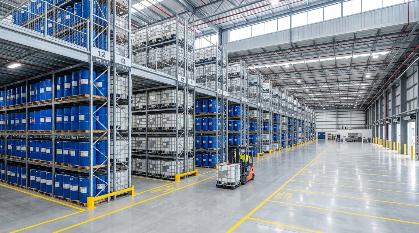 Chemical Warehouse with Drums and Forklift